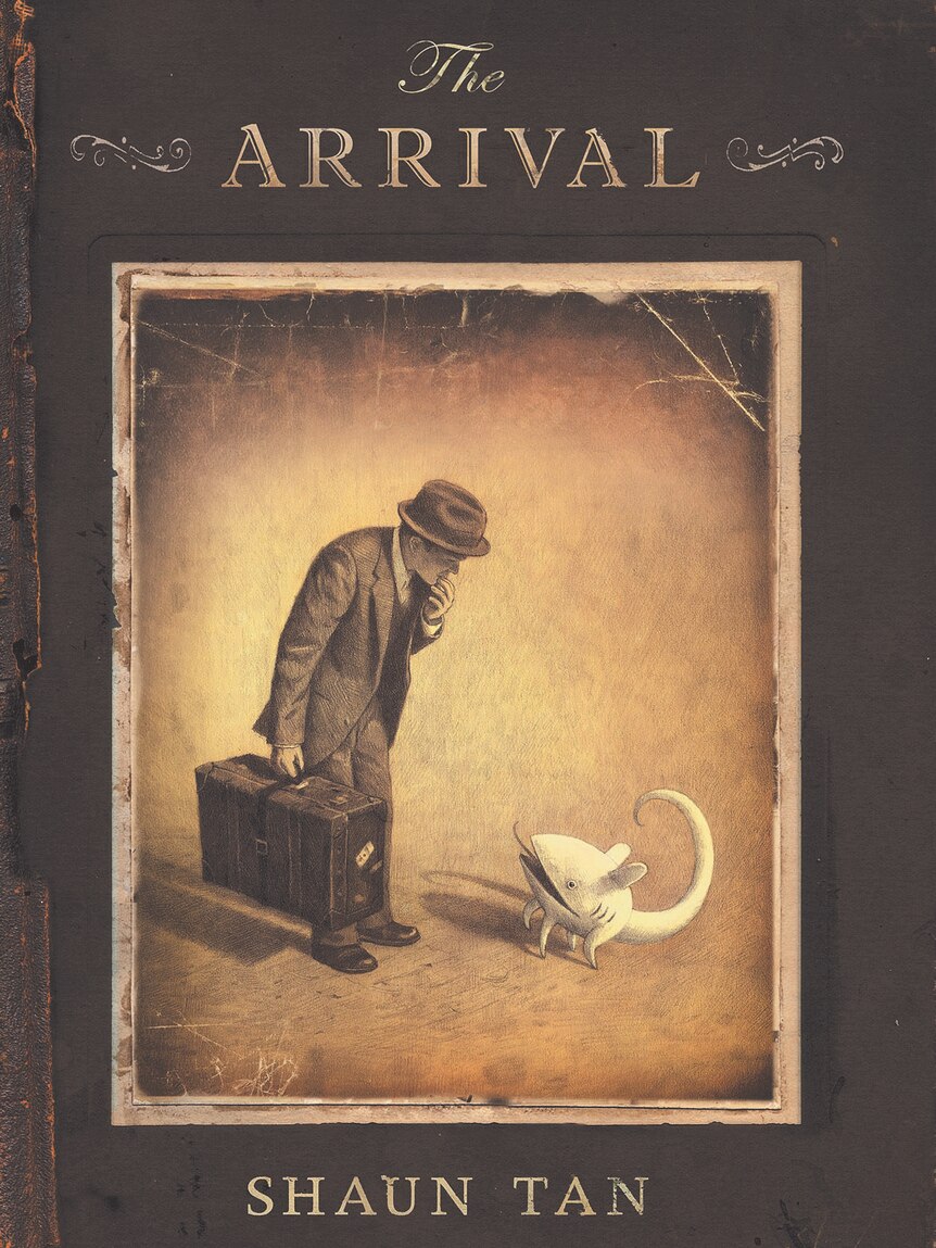 A book cover showing a drawing of a man in a suit and hat bending down to look out a strange white creature with a big tail. 