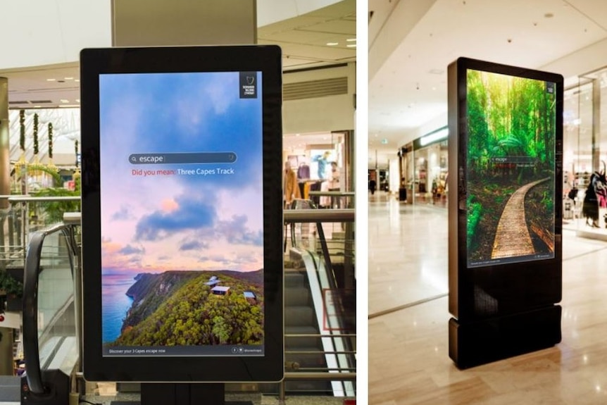 Two billboards in an airport displaying advertising for a nature walk