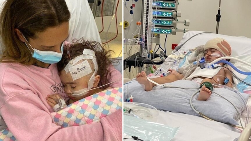Two pictures side by side show Alicia holding her daughter and Chloe hooked up to tubes in a hospital bed.