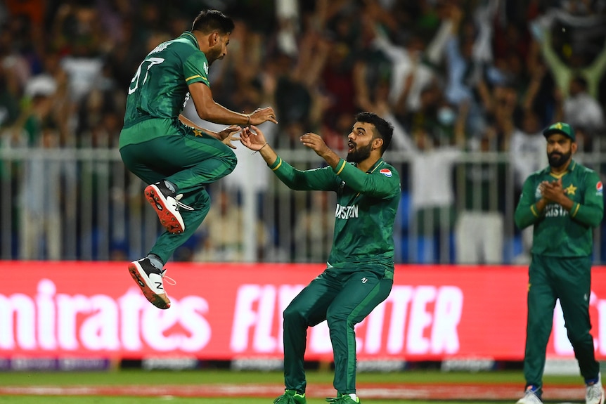 Pakistan cricketer Haris Rauf jumps in the air to celebrate a wicket.