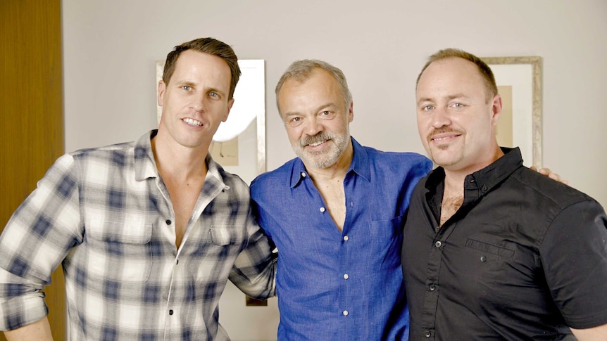 Invivo co-founders Tim Lightbourne and Rob Cameron standing either side of comedian Graham Norton.