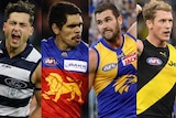 A composite image showing AFL players Luke Dahlhaus, Charlie Cameron, Jack Darling and Tom Lynch