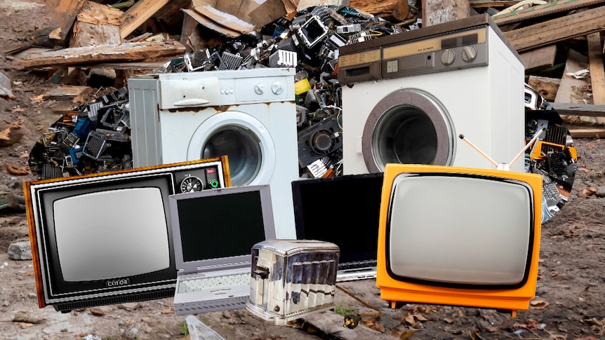 A collage of old electronic goods like TVs, laptops, washing machines and a toaster.