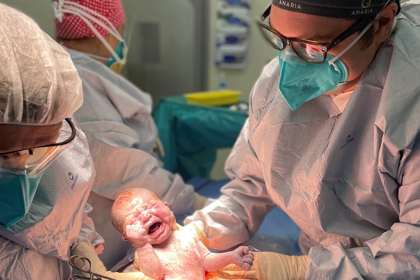 A baby crying, being held up after being born.