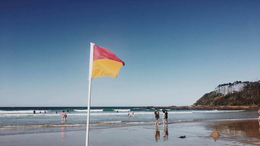 Three people at the beach, walking past a surf life saving flag toward the water.