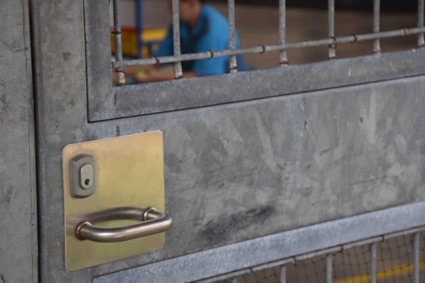 Woman in blue behind bars