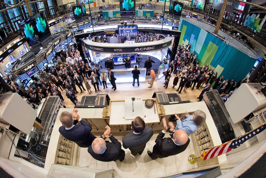 A top down view of the New York Stock Exchange's opening ceremony