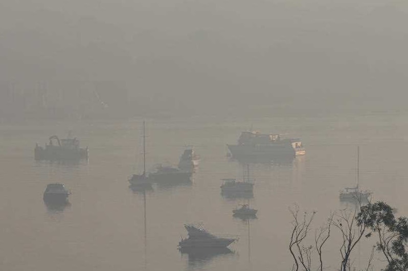 Smoke haze blanketing the Parramatta River near Rhodes in western Sydney.