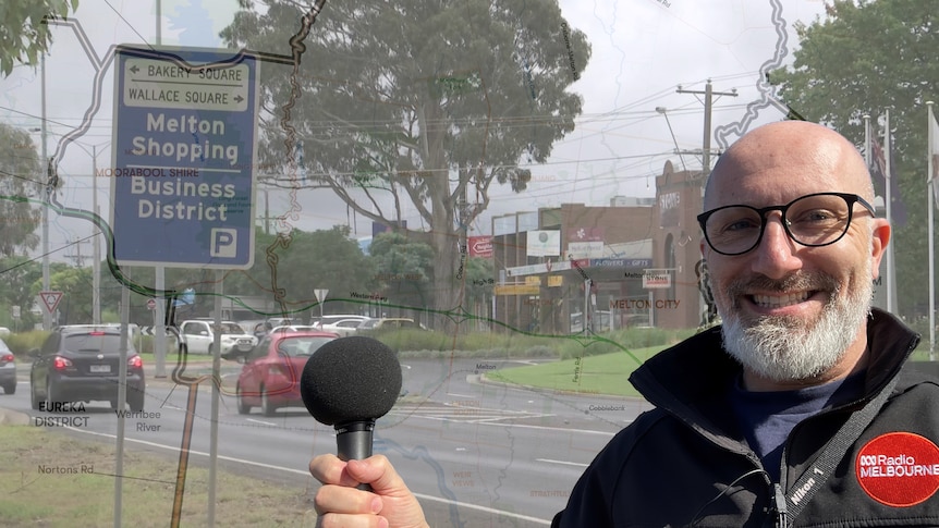 Composite image of Raf Epstein holding mic in front of a street scene of Melton,  with a map of Melton overlaid.