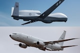 A composite image of a Triton unmanned surveillance aircraft and a P-8 Poseidon 