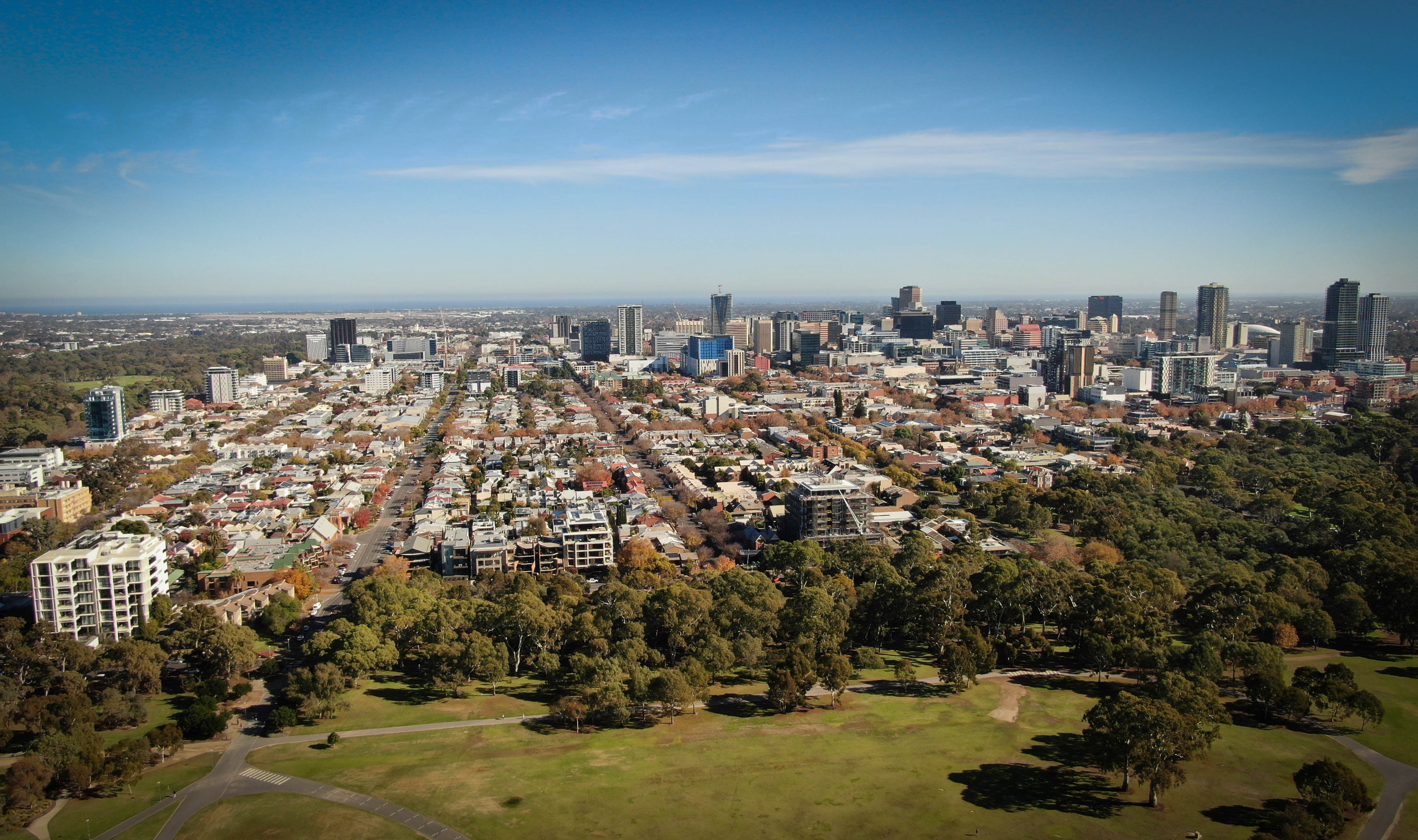 The Adelaide CBD viewed from the air looking down on West Terrace 