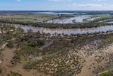 An aerial view of a river and water over a floodplain. 