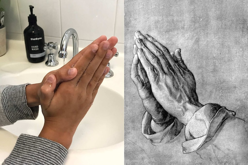 Someone washing hands juxtaposed with artwork of praying hands