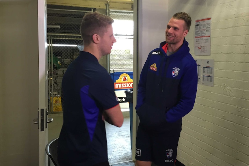 Jake Stringer chats in the Bulldogs locker room