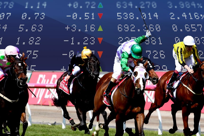 Jockeys ride in the Melbourne Cup overlaid over a stock market generic photo. 