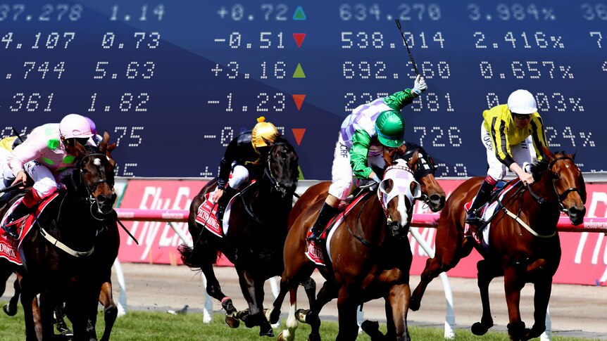 Jockeys ride in the Melbourne Cup overlaid over a stock market generic photo. 