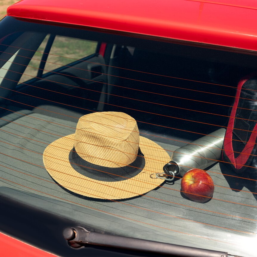 view from above of back window of car with hat and drink bottle