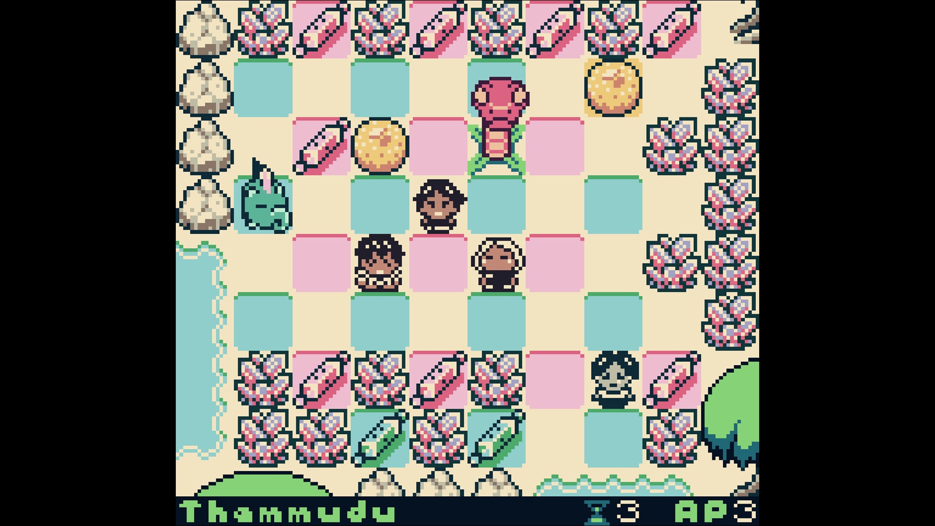 A video game screenshjot of small human characters on a grid with crystals snakes and other animals