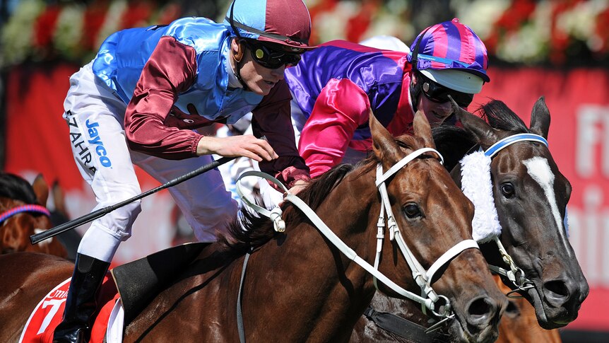 Mark Zahra riding Albert the Fat to victory in Emirates Stakes
