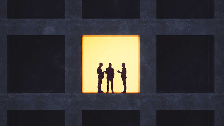 graphic of silhouetted figures standing and talking in an office window at night
