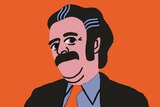 An illustration of a middle-aged man with black hair and a moustache, against an orange background 