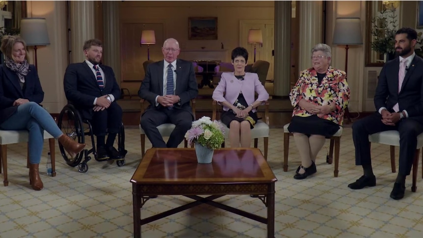 The 2022 Australians of the Year sitting in a room with David and Linda Hurley