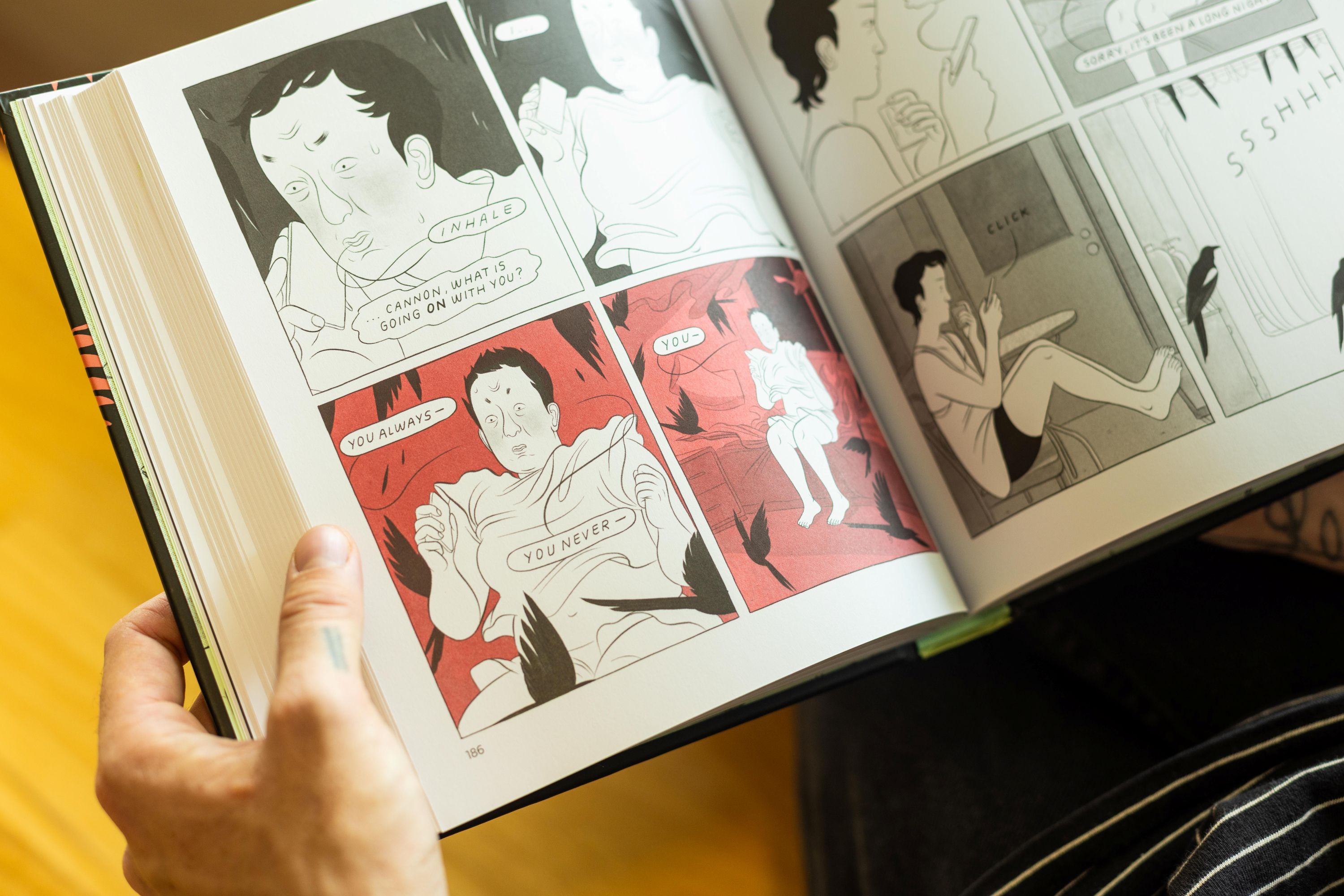Las manos de una persona sostienen abierta una novela gráfica, mostrando los paneles ilustrados.