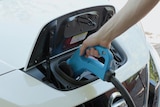 A hand pushes an electric cord into a car.