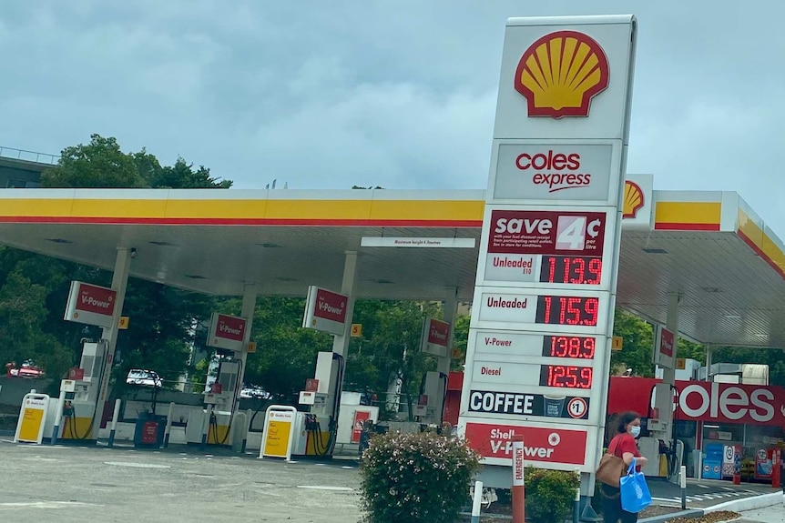 A service station sign offers unleaded petrol for $1.14 and $1.16 a litre in Sydney