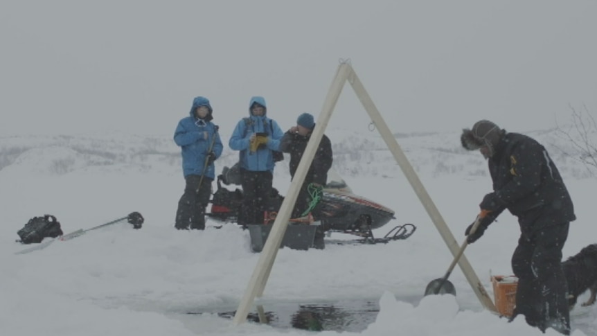 The entrance point into the frozen fiord is covered with metres of snow and ice.