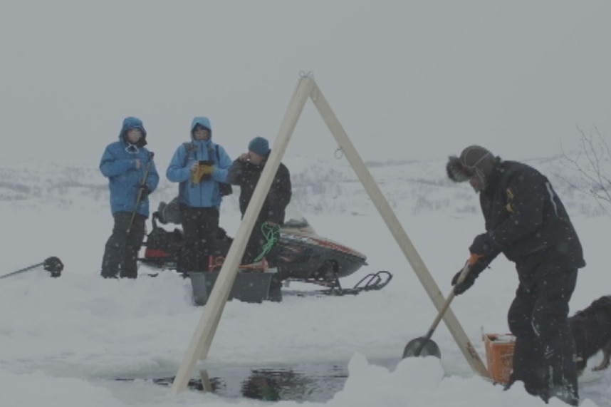 The entrance point into the frozen fiord is covered with metres of snow and ice.