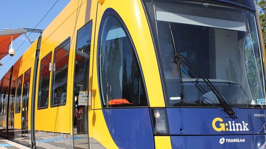 Close-up of the front of a Gold Coast light rail vehicle