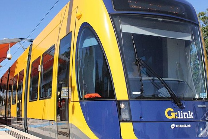 Close-up of the front of a Gold Coast light rail vehicle