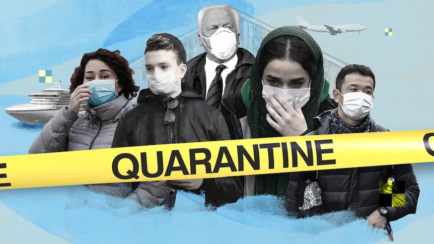 A collage of people from different countries wearing facemasks and caution tape with quarantine on it.