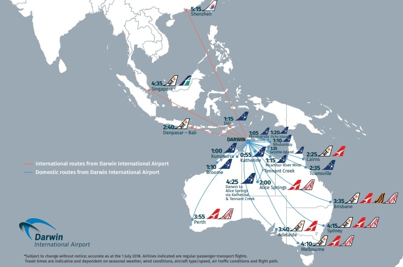 A map showing all routes from Darwin