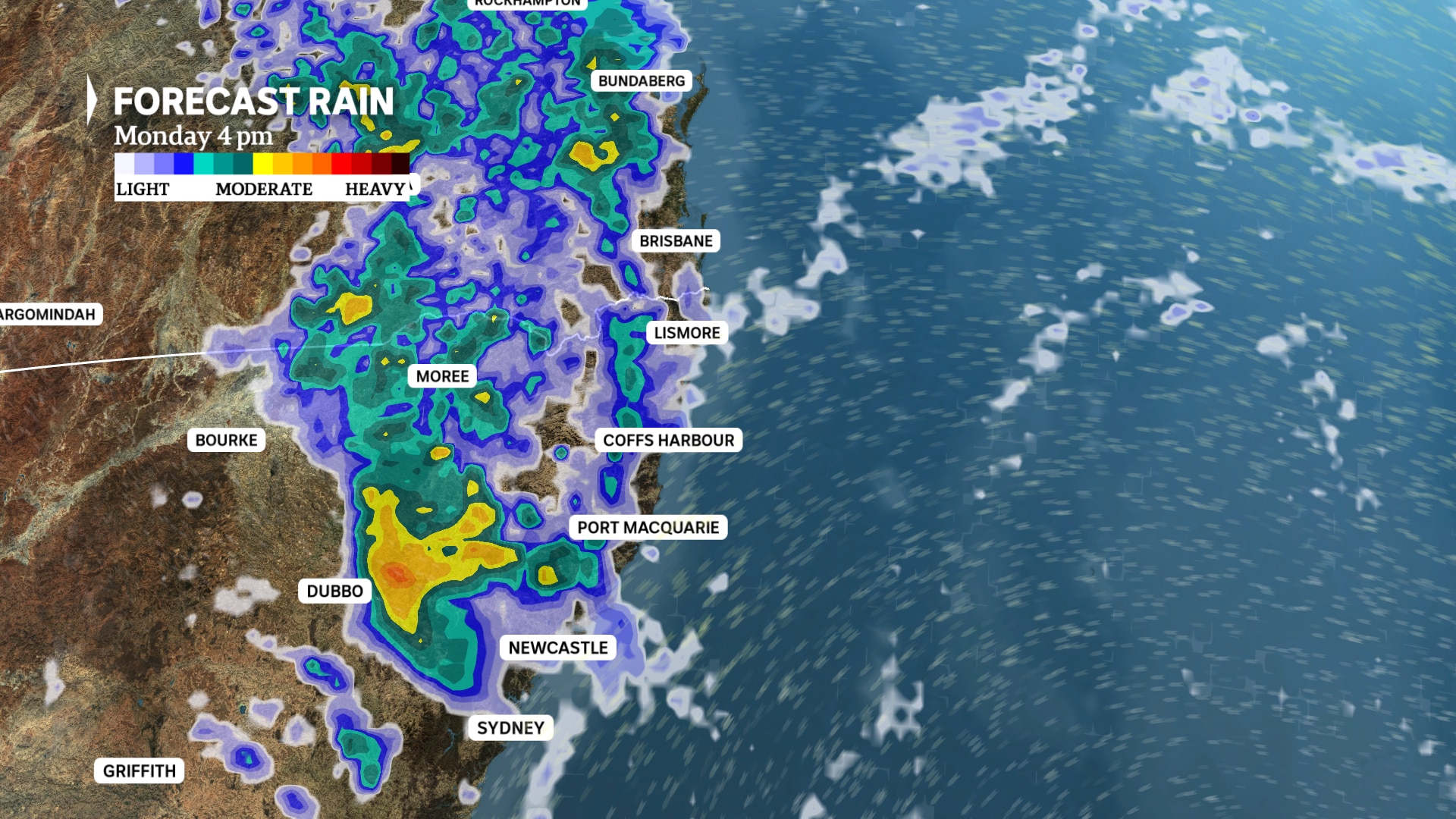 a weather map of nsw shows Monday rain forecast