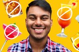 A portrait of Jahin Tanvir smiling, standing next to alcoholic drinks superimposed with a 'no' sign.