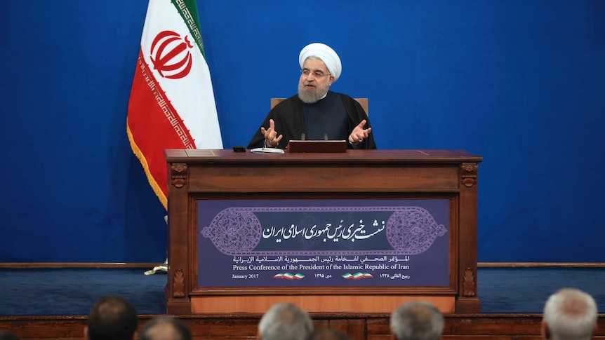 Iranian President Hassan Rouhani speaks in a press conference.