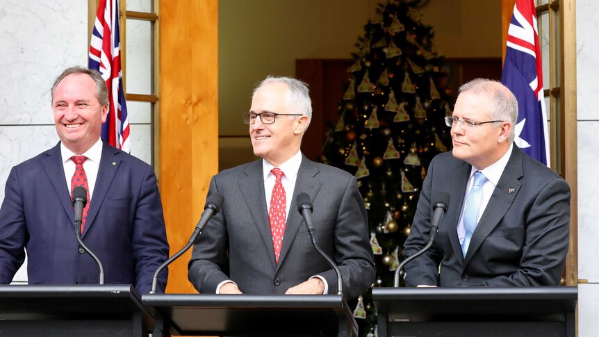 Barnaby Joyce, Malcolm Turnbull and Scott Morrison smiling at a press conference.