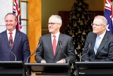 Barnaby Joyce, Malcolm Turnbull and Scott Morrison smiling at a press conference.