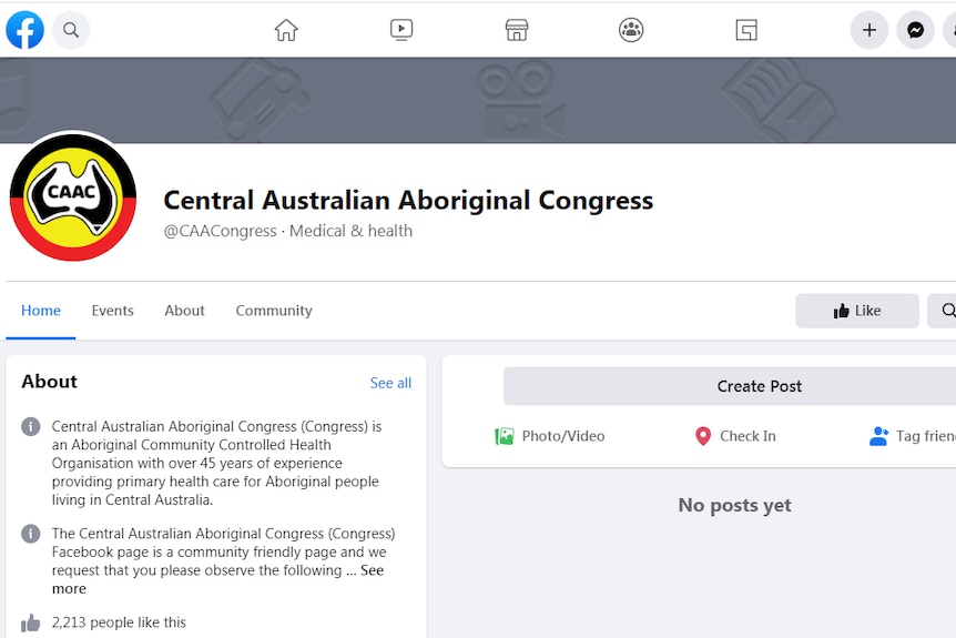 Screenshot of a Facebook page for the Central Australian Aboriginal Congress