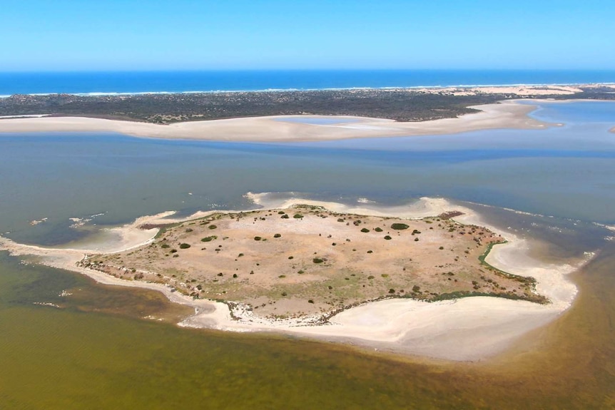 A sandy island is photographed from above, surrounded by water with another strip of land in the distance before the ocean.