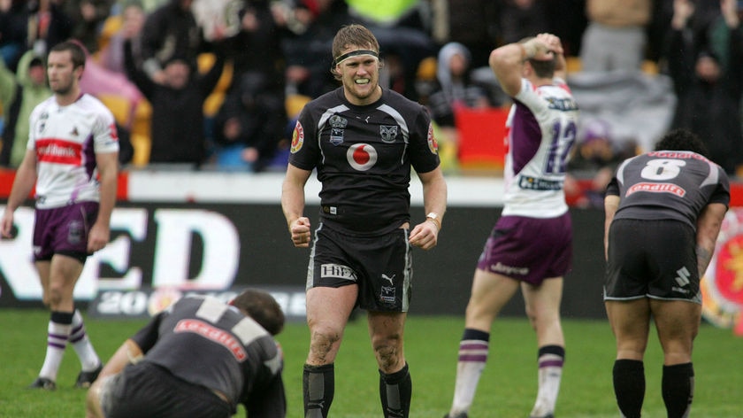Four in a row: Micheal Luck celebrates another vital win for the Warriors.