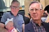 Two pictures of the same old man side by side, in one he holds a baby
