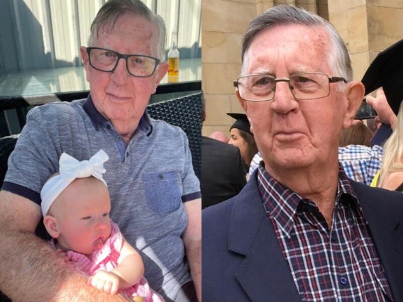 Two pictures of the same old man side by side, in one he holds a baby