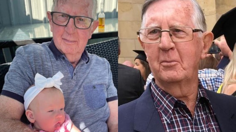 Two pictures of an old man side by side, in one he holds a baby