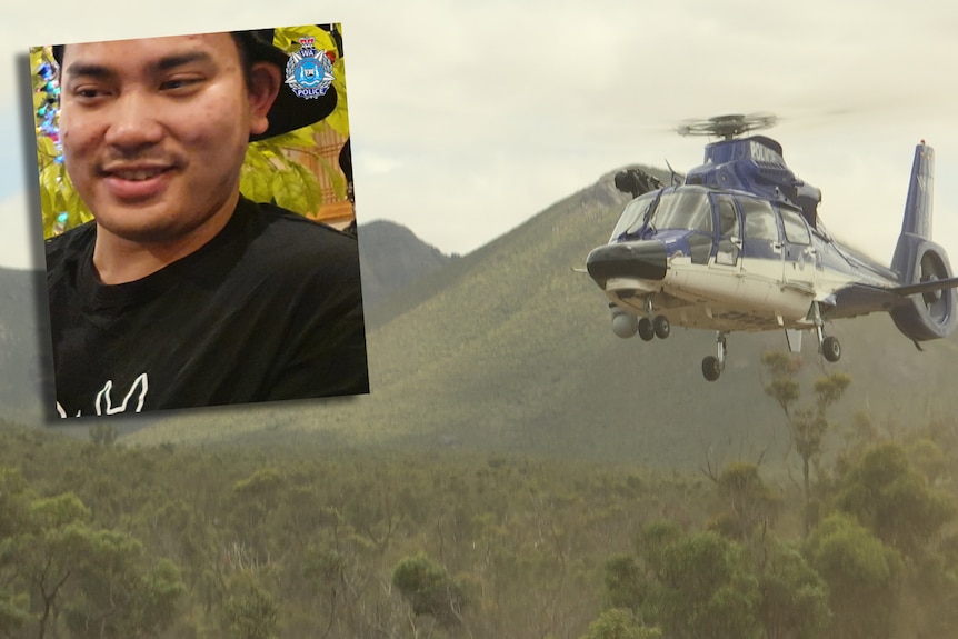 A police helicopter mid flight with mountains in the background, embedded is a photo of Muhammad Ferdiansah