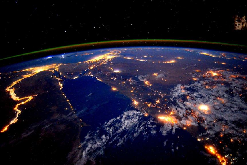 The Nile River is seen from high above the earth at night