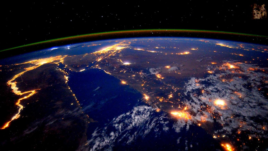 The Nile River is seen from high above the earth at night