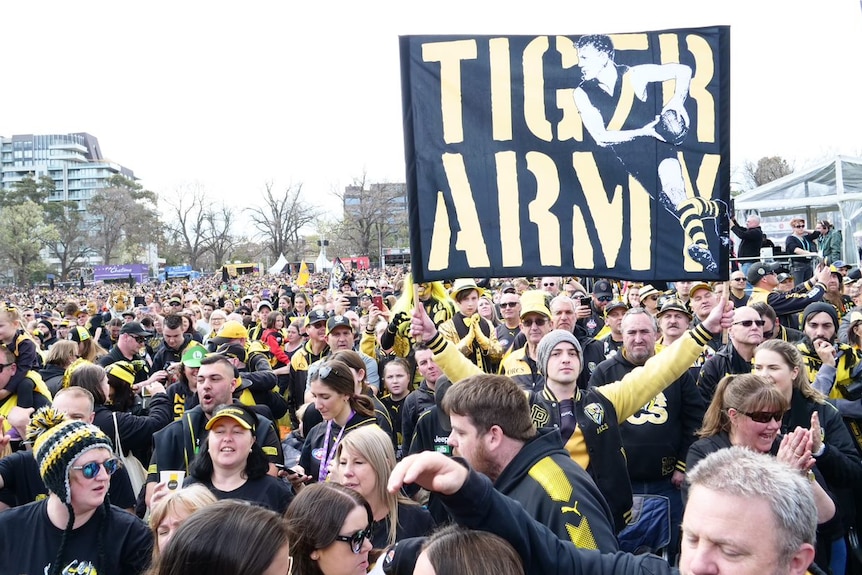 Hundreds of Richmond fans stretch across Yarra Park behind a banner reading "Tiger Army".